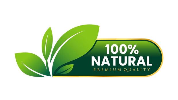 100 percent natural and organic logo with abstract green leaf in gold frame button premium quality for healthy food vegan logo label seal tag sign seal symbol badge stamp sticker emblem vector